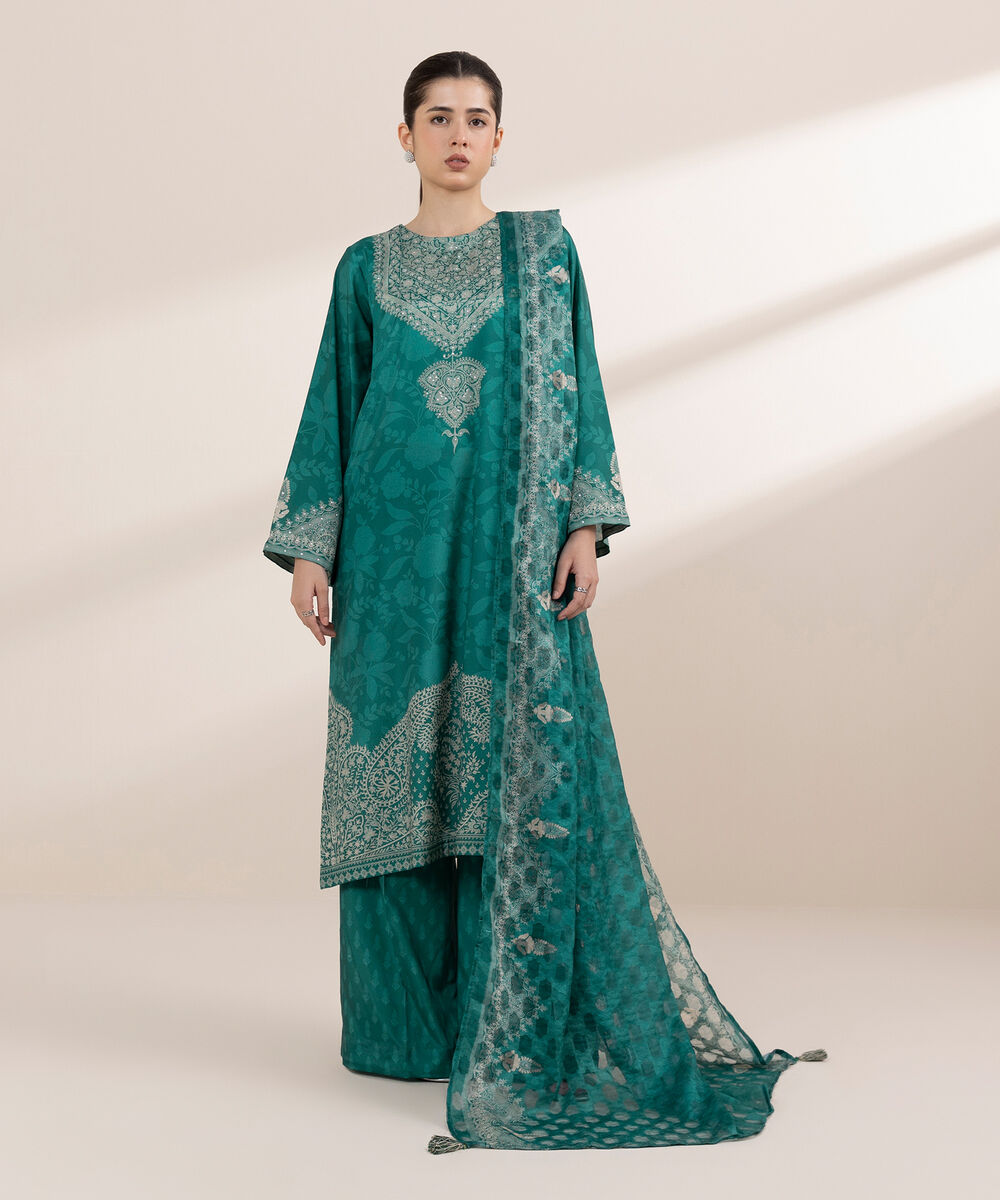 Women's RTW Blended Grip Green Printed Three Piece Suit