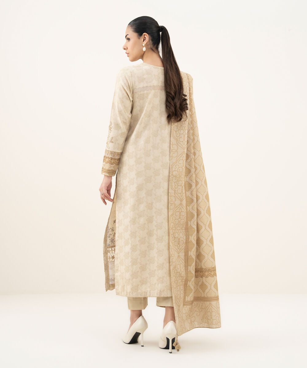 Women's Unstitched Embroidered Cotton Jacquard Beige 3 Piece Suit