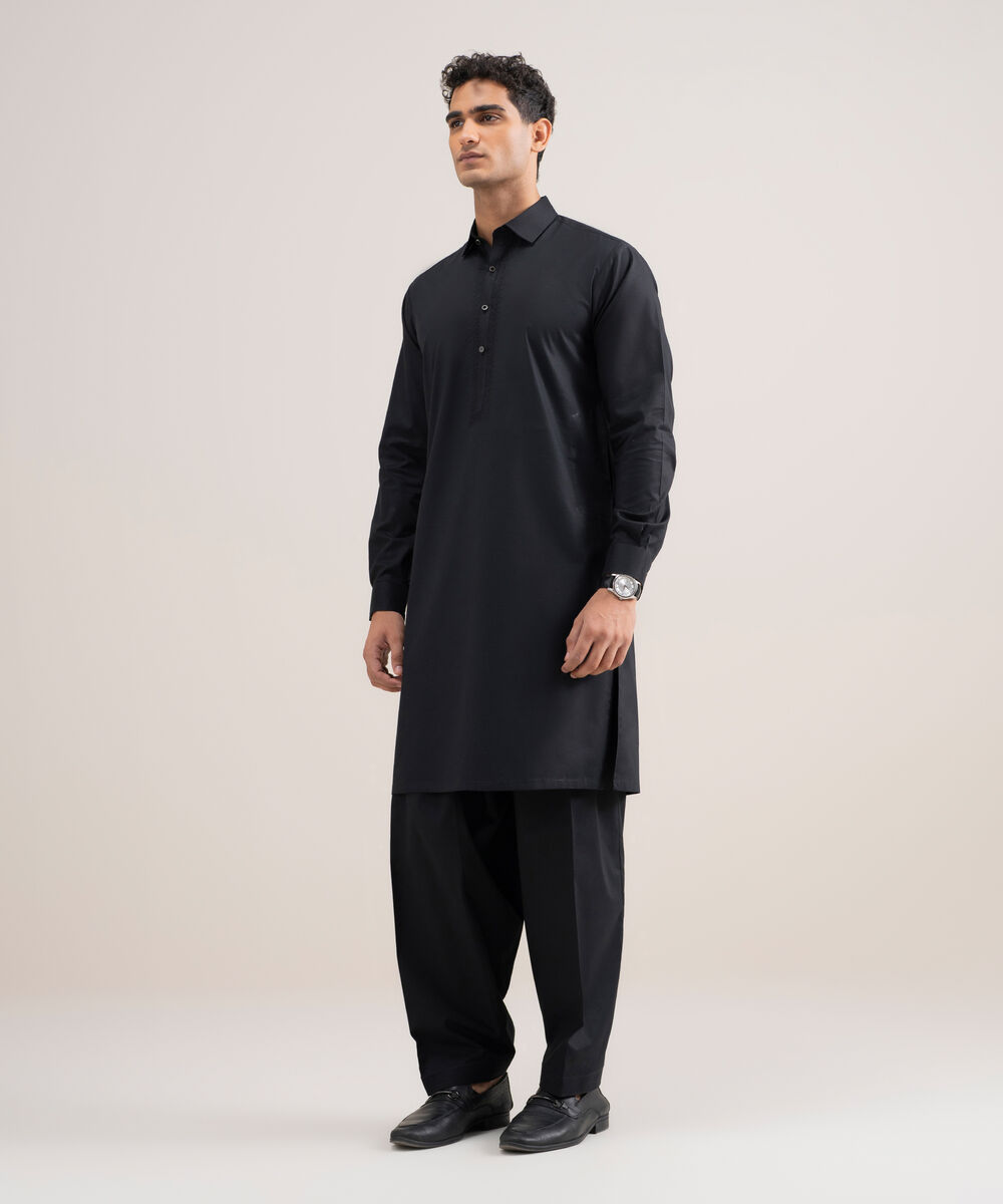 Men's Stitched Cotton Dobby Black Suit