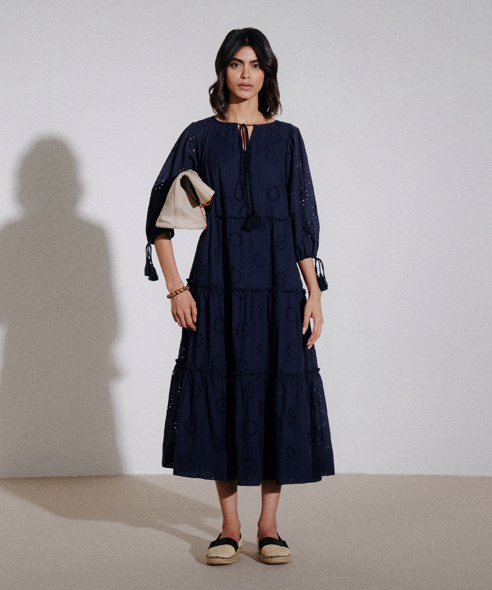 Women's Western Wear Blue Embroidered Tier Dress With Tassels