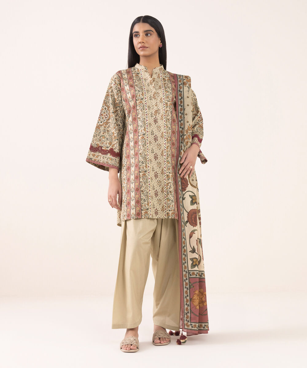 Women's Unstitched Cotton Printed Beige 3 Piece Suit