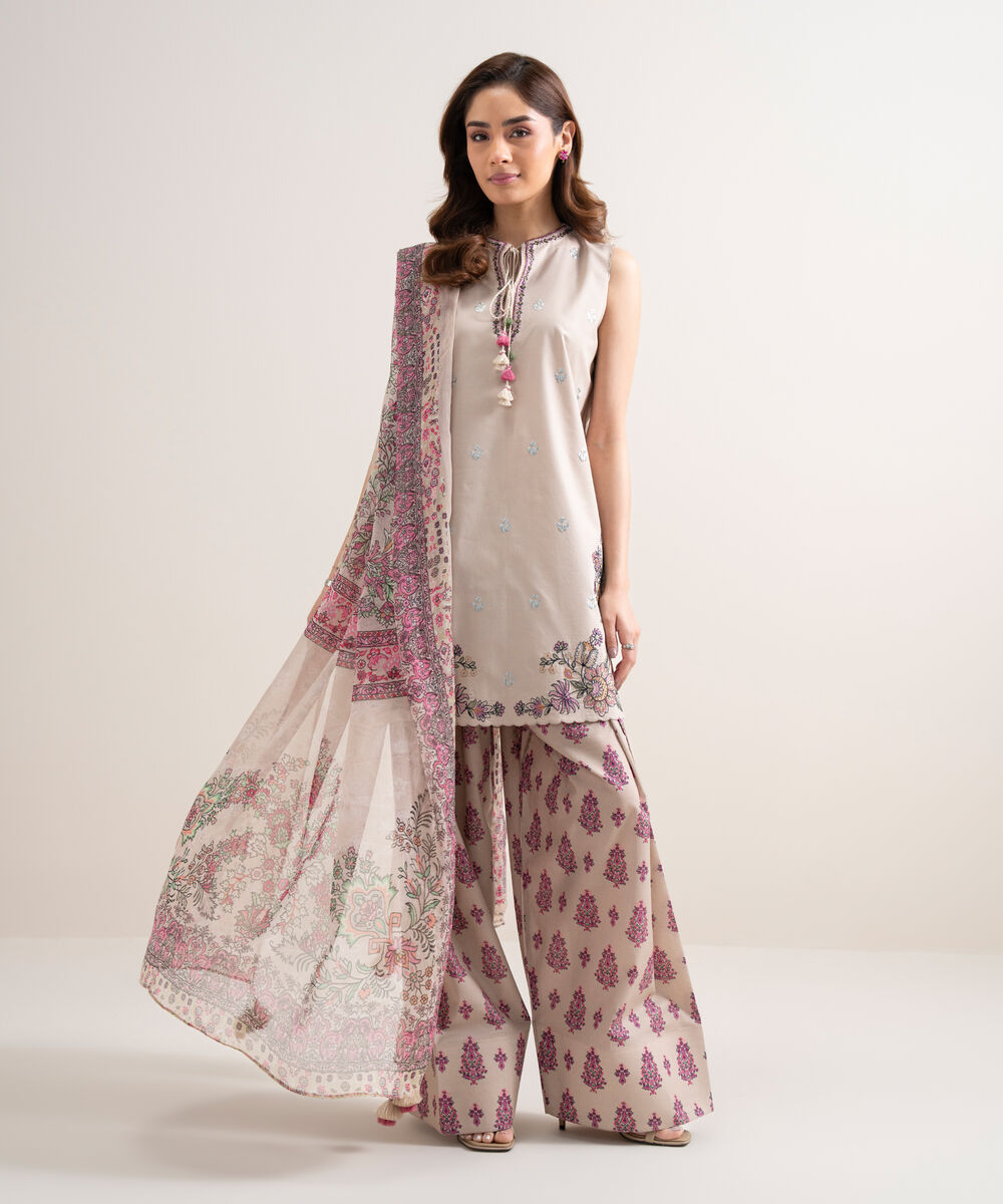 Women's Unstitched Textured Lawn Embroidered Beige   3 Piece Suit