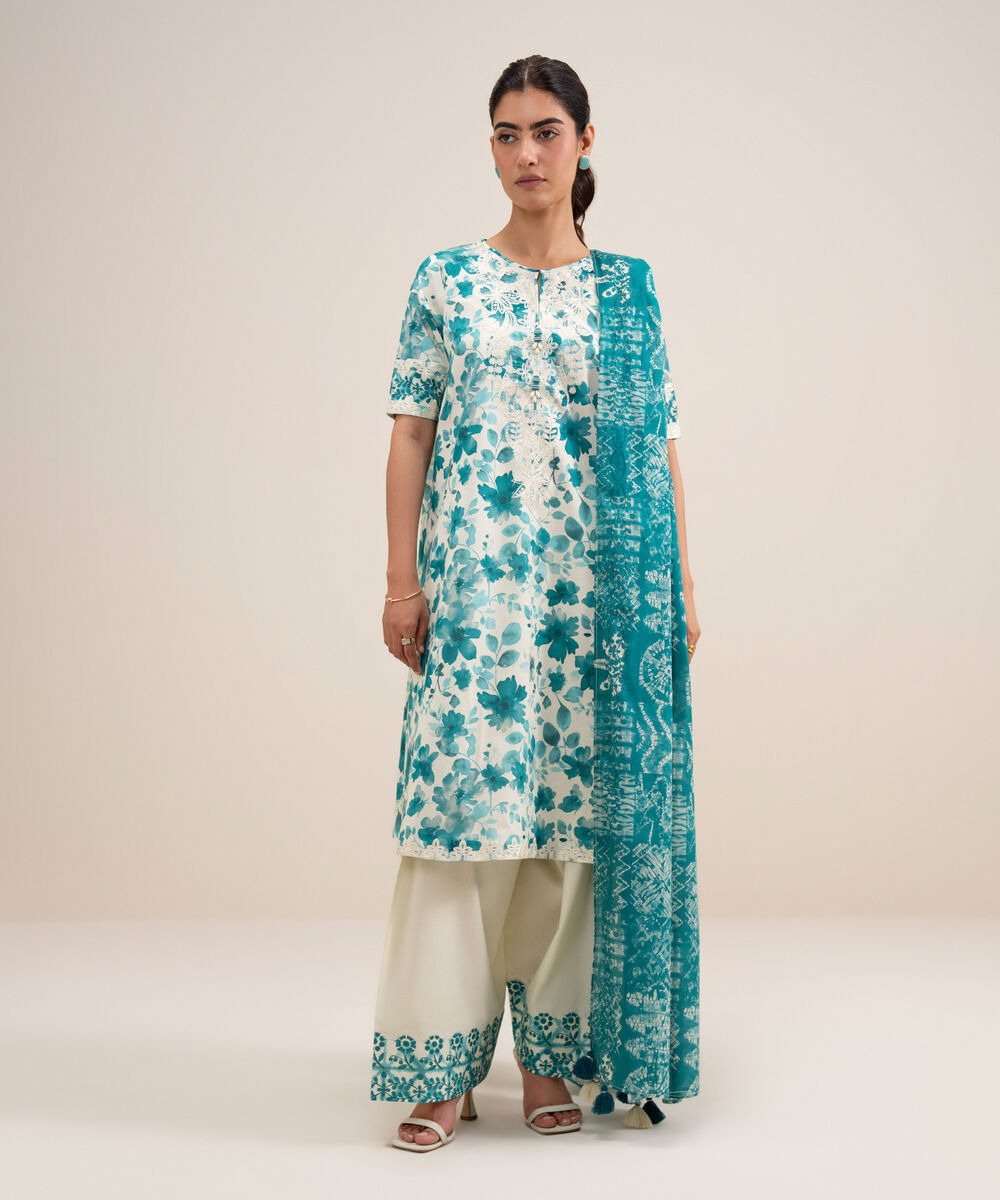 Women's Unstitched Lawn Embroidered Off White and Blue 3 Piece Suit