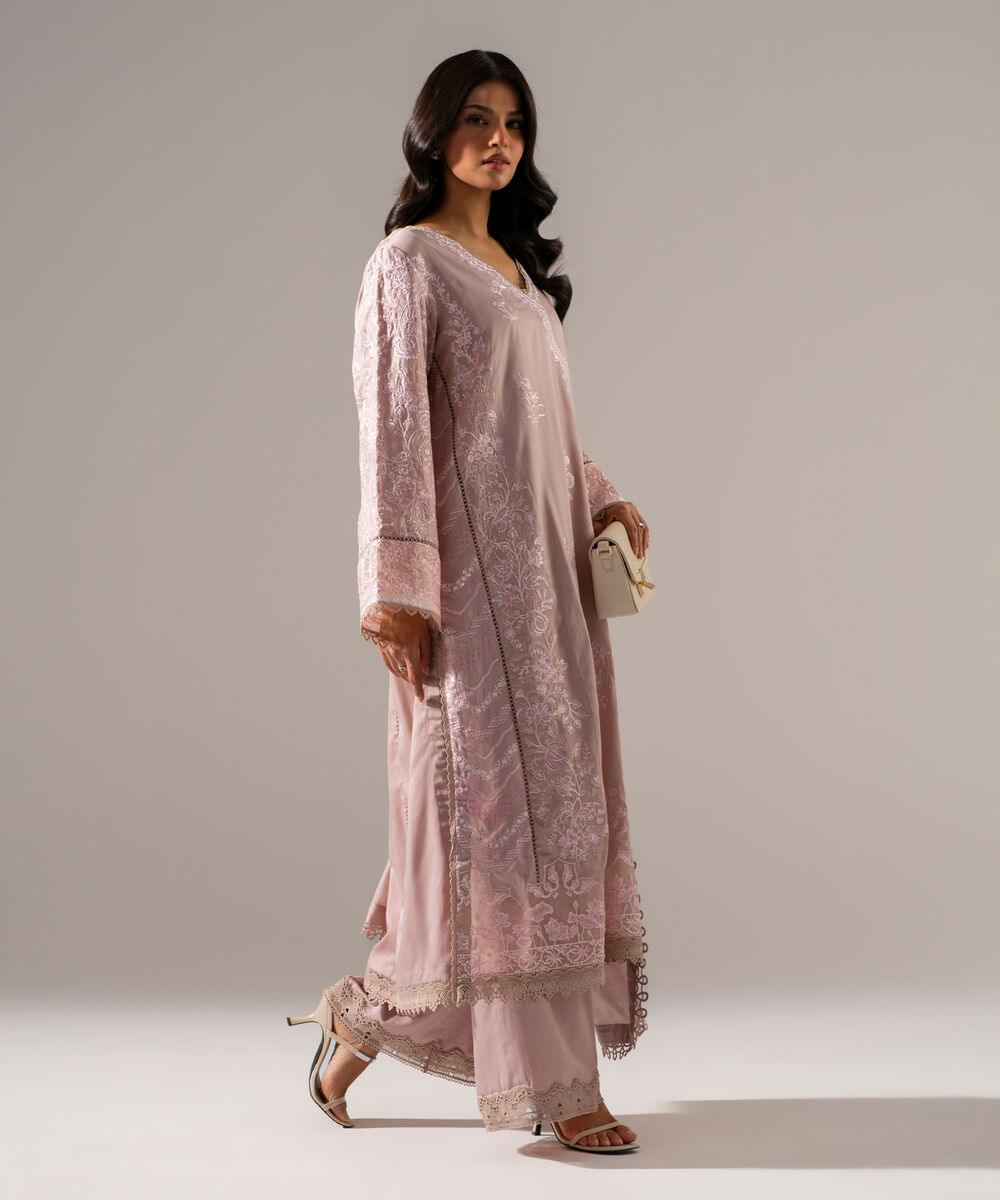 Women's RTW Cotton Satin Solid Embroidered Muted Pink 3 Piece Suit