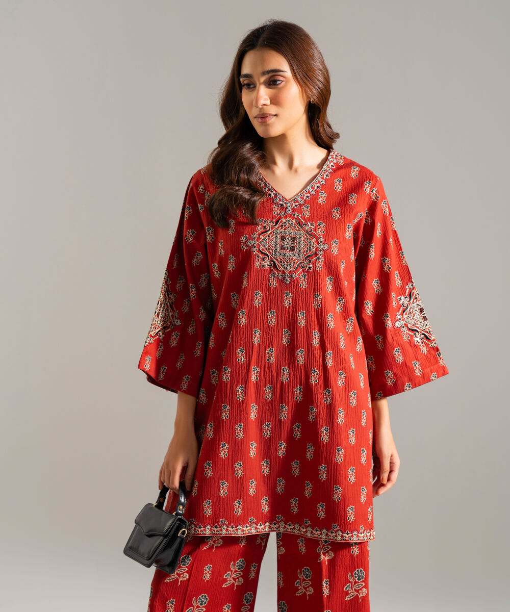 Women's RTW Seersucker Embroidered Red 2 Piece Suit