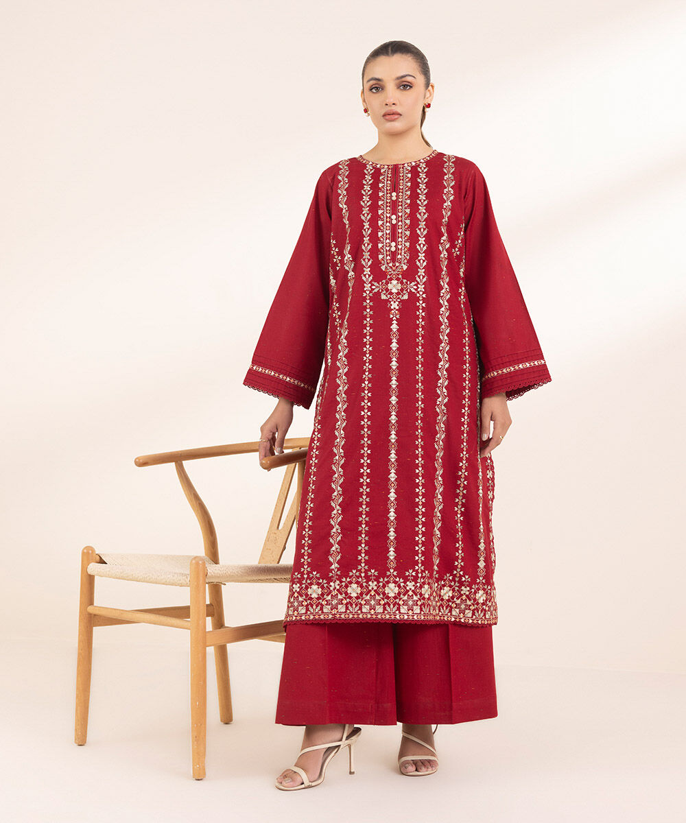 Women's Pret Multineps Red Embroidered A-Line Shirt