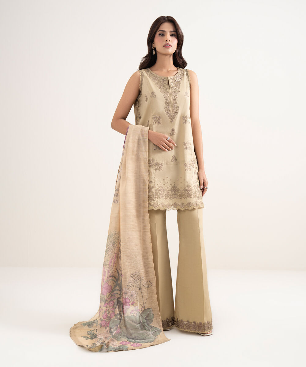 Women's Unstitched Textured Lawn Beige Embroidered 3 Piece Suit
