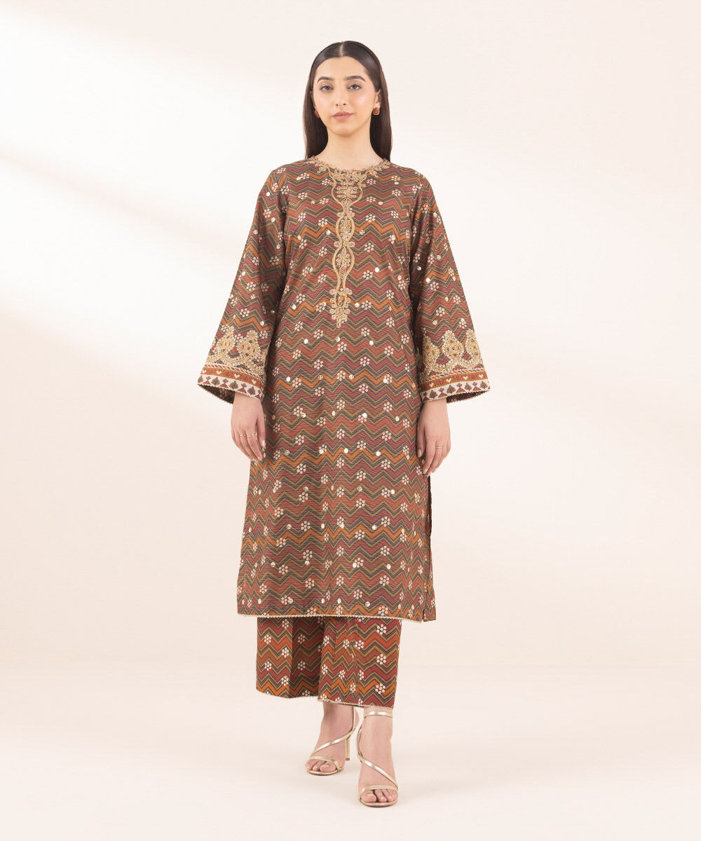 Woman - Brown Embroidered Zari Lawn Shirt