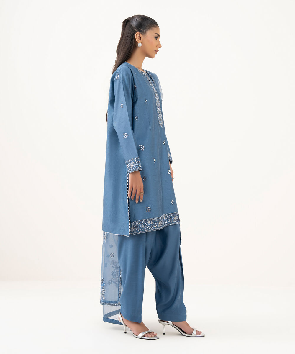 Women's RTW Blended Silk Cotton Net Embroidered Blue Three Piece Suit