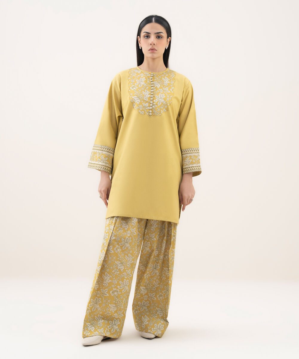 Women's Unstitched Cotton Printed Yellow 2 Piece Suit