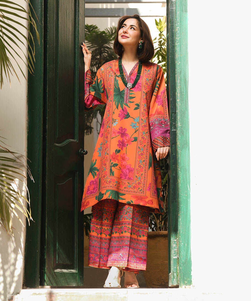Woman - Orange 2 Piece - Embroidered Silk Suit