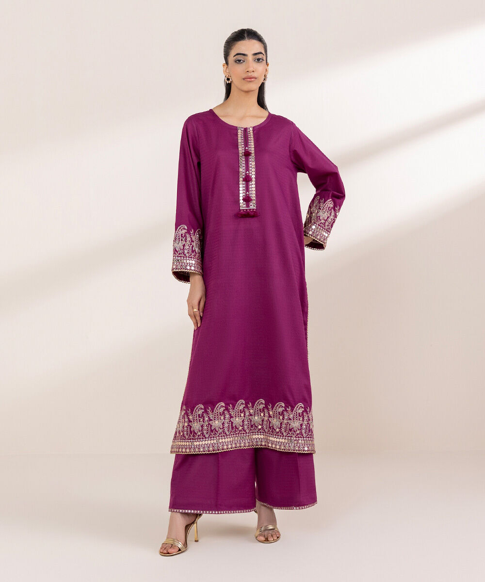 Women's RTW Dobby Purple Embroidered A-Line Shirt