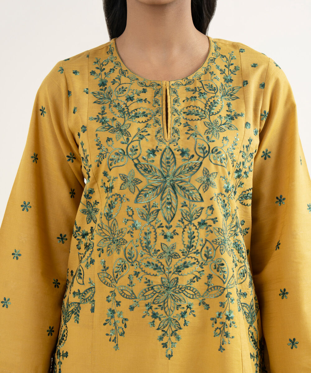 Women's RTW Light Khaddar Embroidered Yellow A-Line Shirt