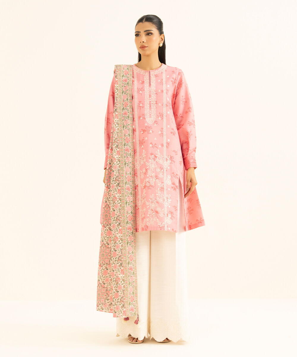 Women's Unstitched Cotton Embroidered Pink 2 Piece Suit