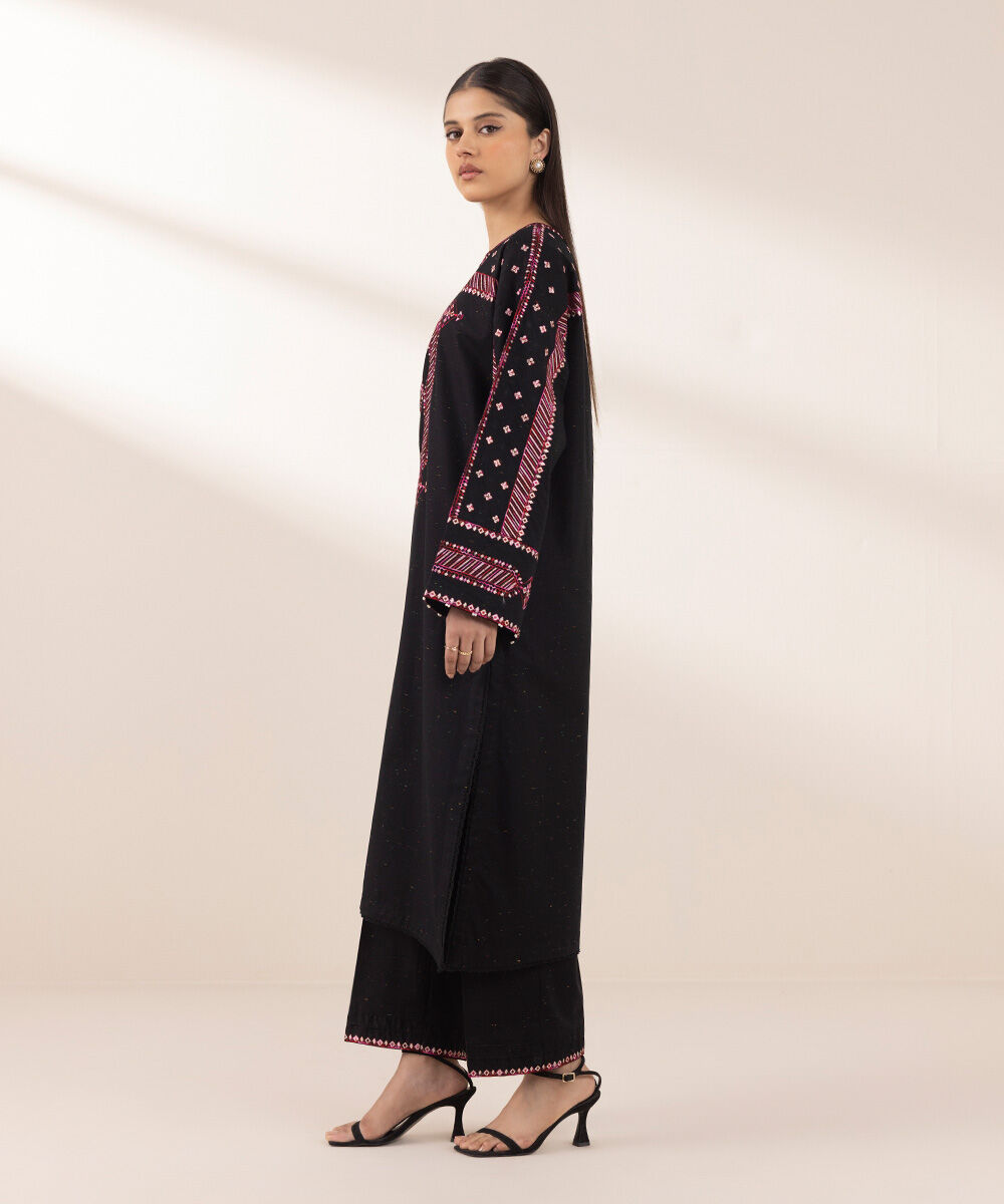 Women's Pret Multineps Black Embroidered A-Line Shirt