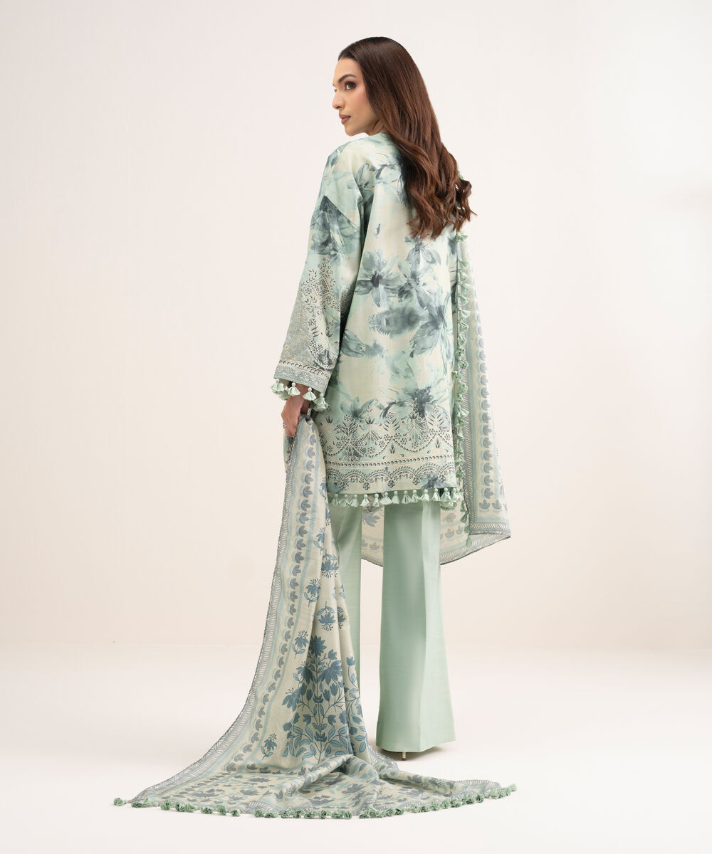 Women's Unstitched Raw Silk Embroidered Green 3 Piece Suit