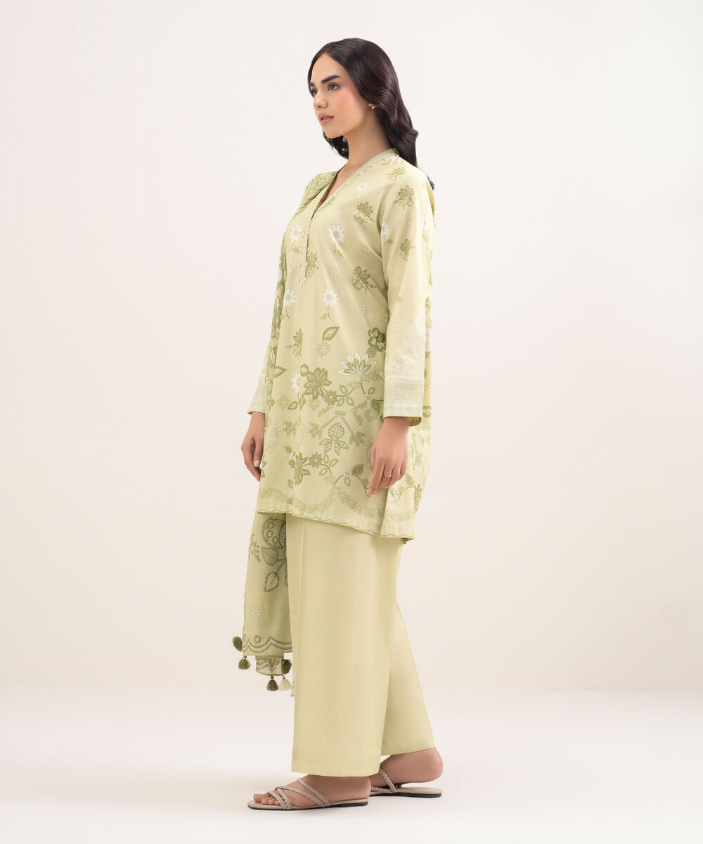 Women's Unstitched Lawn Printed Beige 3 Piece Suit