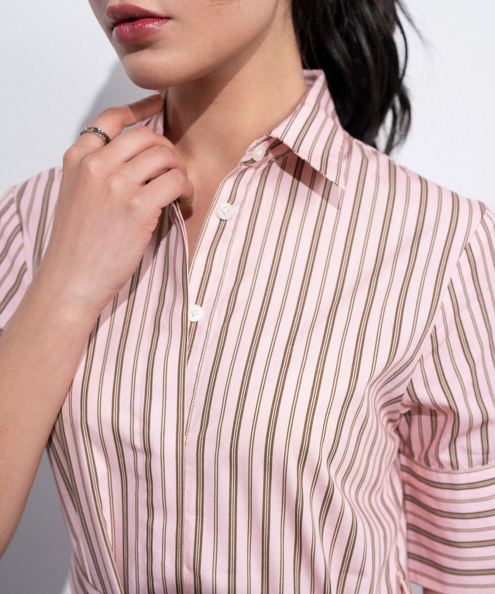 Women's Western Pink And Brown Poplin Dress With Belt