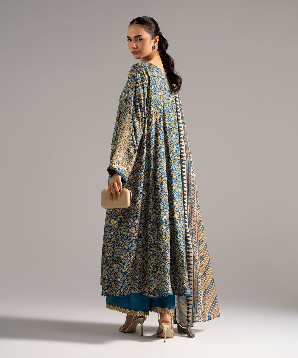 Women's RTW Raw Silk Embroidered Blue 3 Piece Suit
