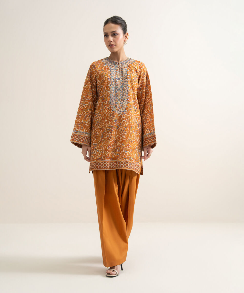 Women's Unstitched Lawn Embroidered Orange 2 Piece Suit
