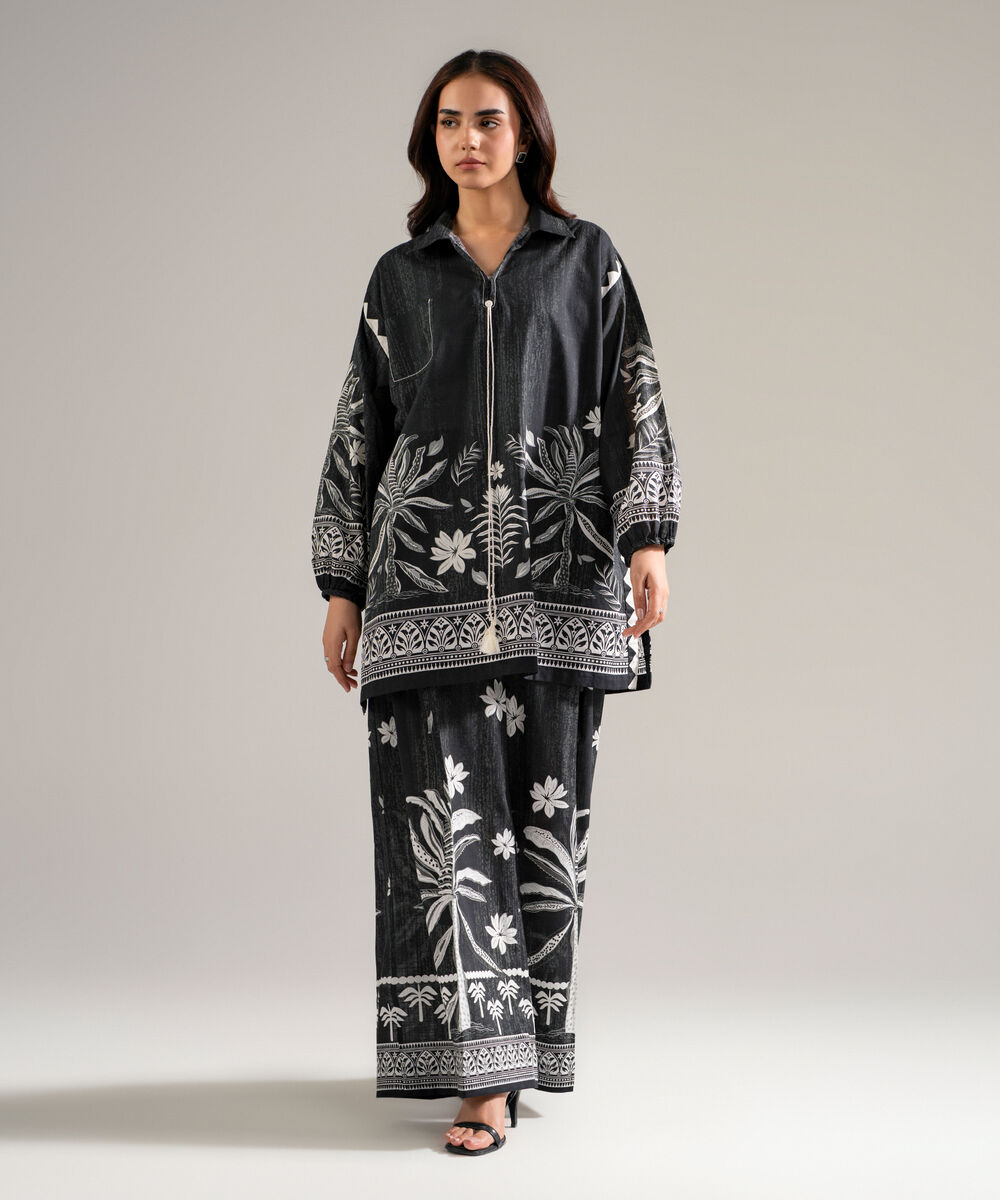 Women's RTW Slub Lawn Printed Black Drop Shoulder Shirt