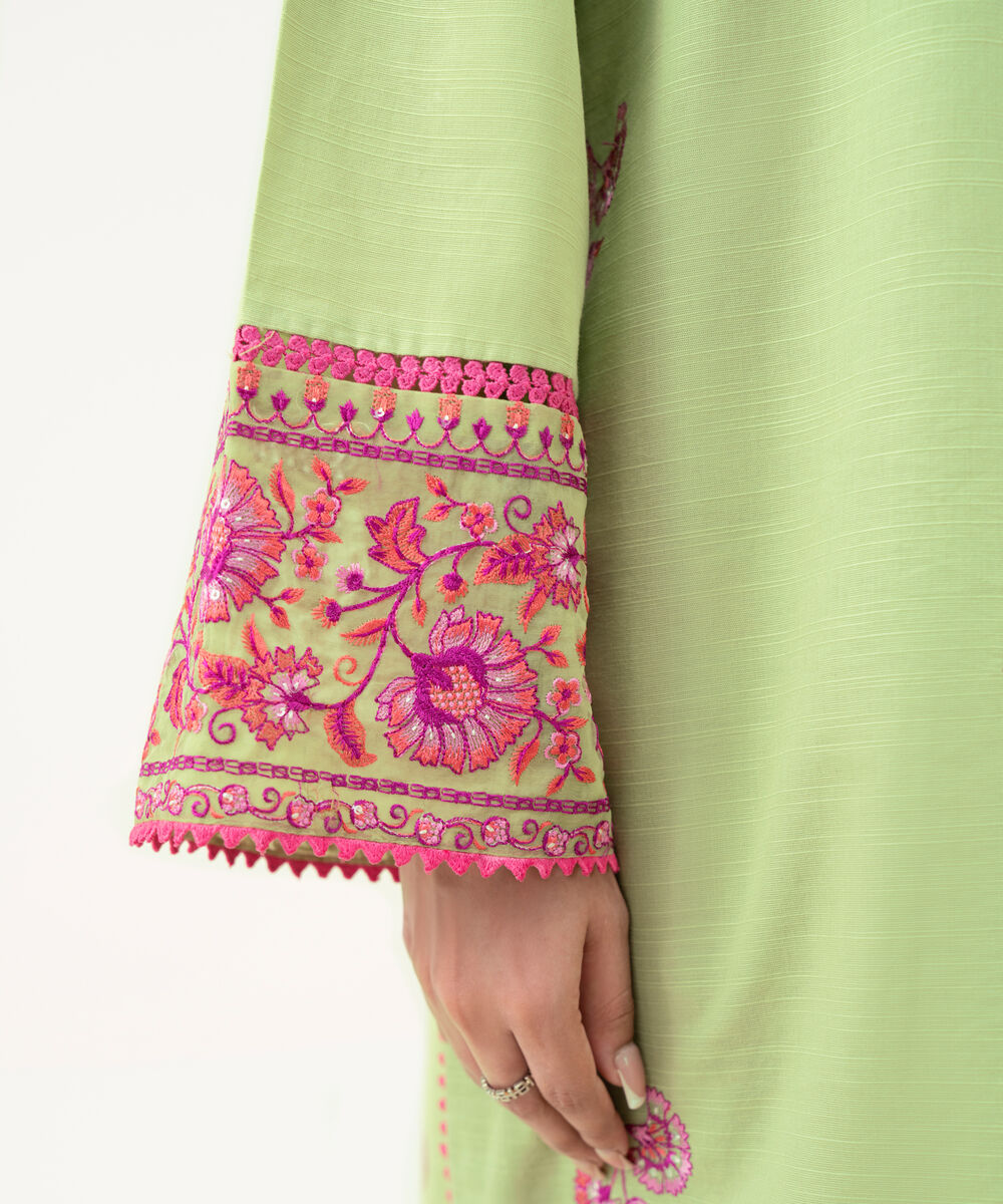Women's RTW Light Khaddar Green Embroidered Straight Shirt