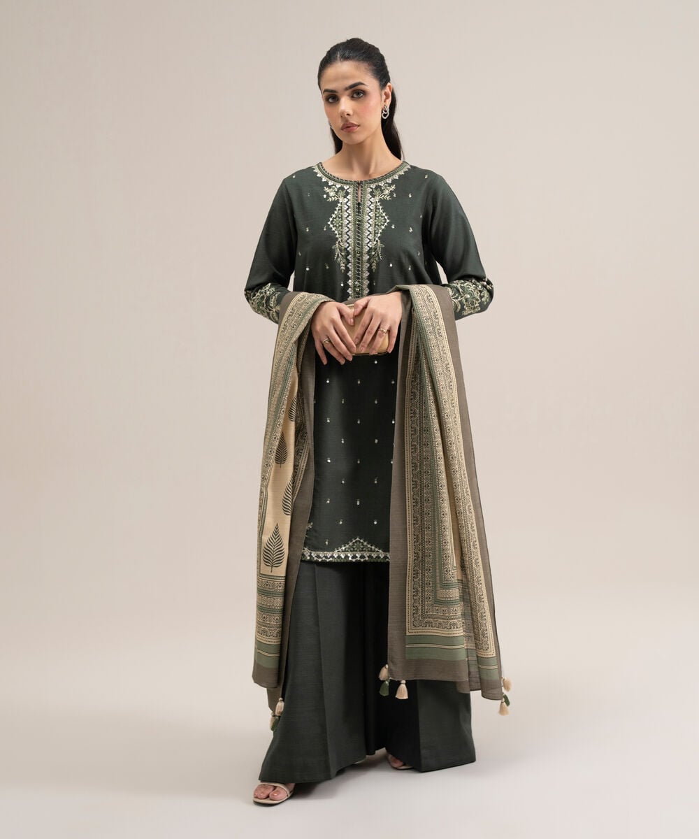 Women's Unstitched Lawn Embroidered Green 3 Piece Suit