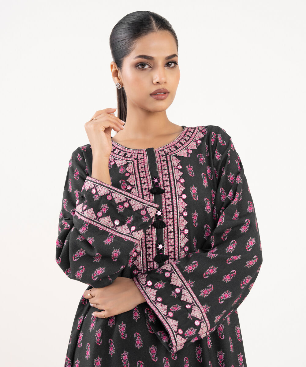 Women's RTW Lawn Viscose Black Embroidered A-Line Shirt