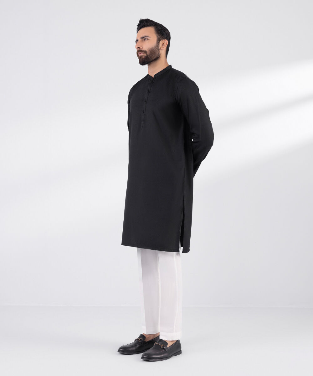 Men's Blended Stitched Plain Black Kurta