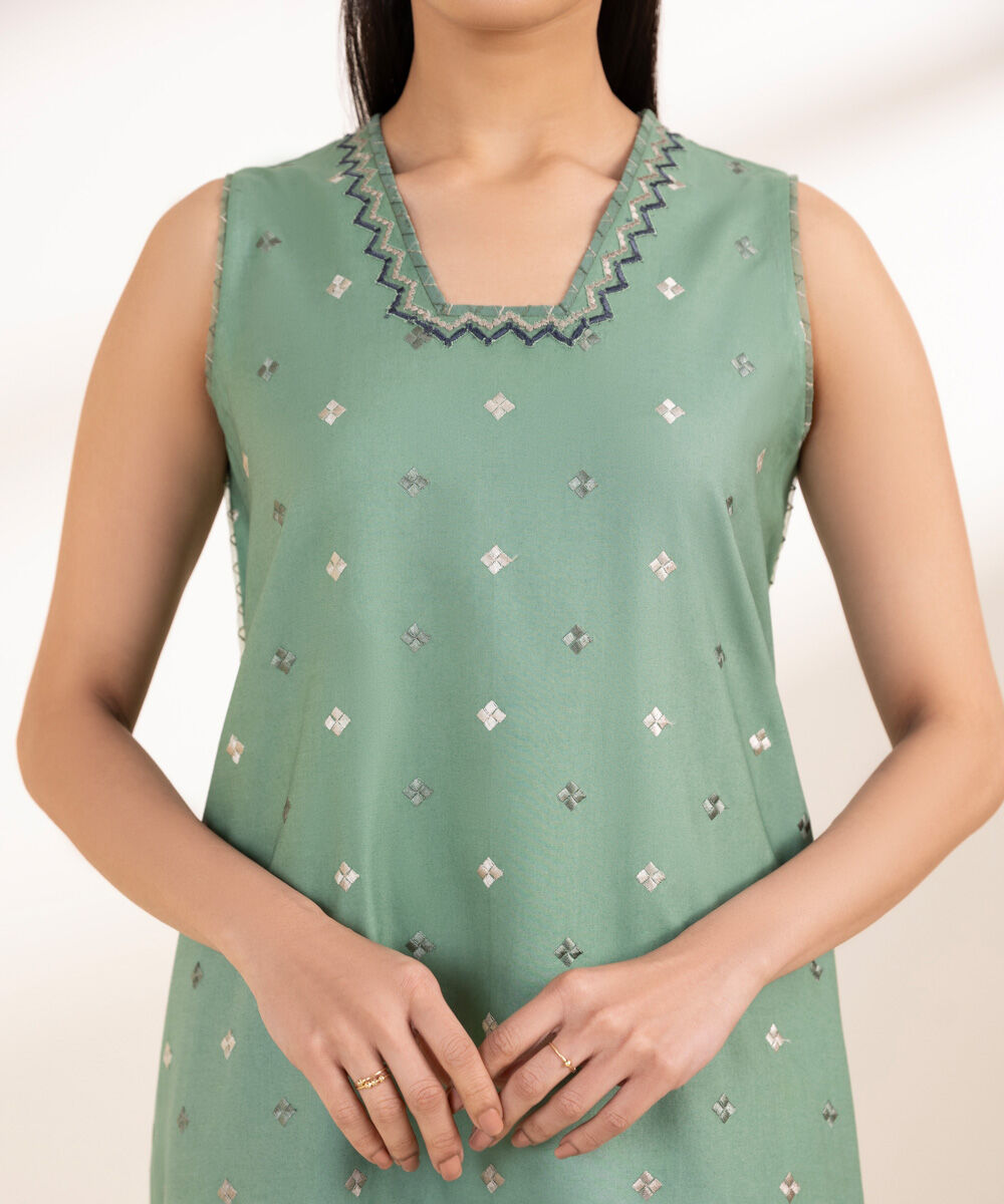 Unstitched Women's Embroidered Fine Cotton Satin Green Three Piece Suit