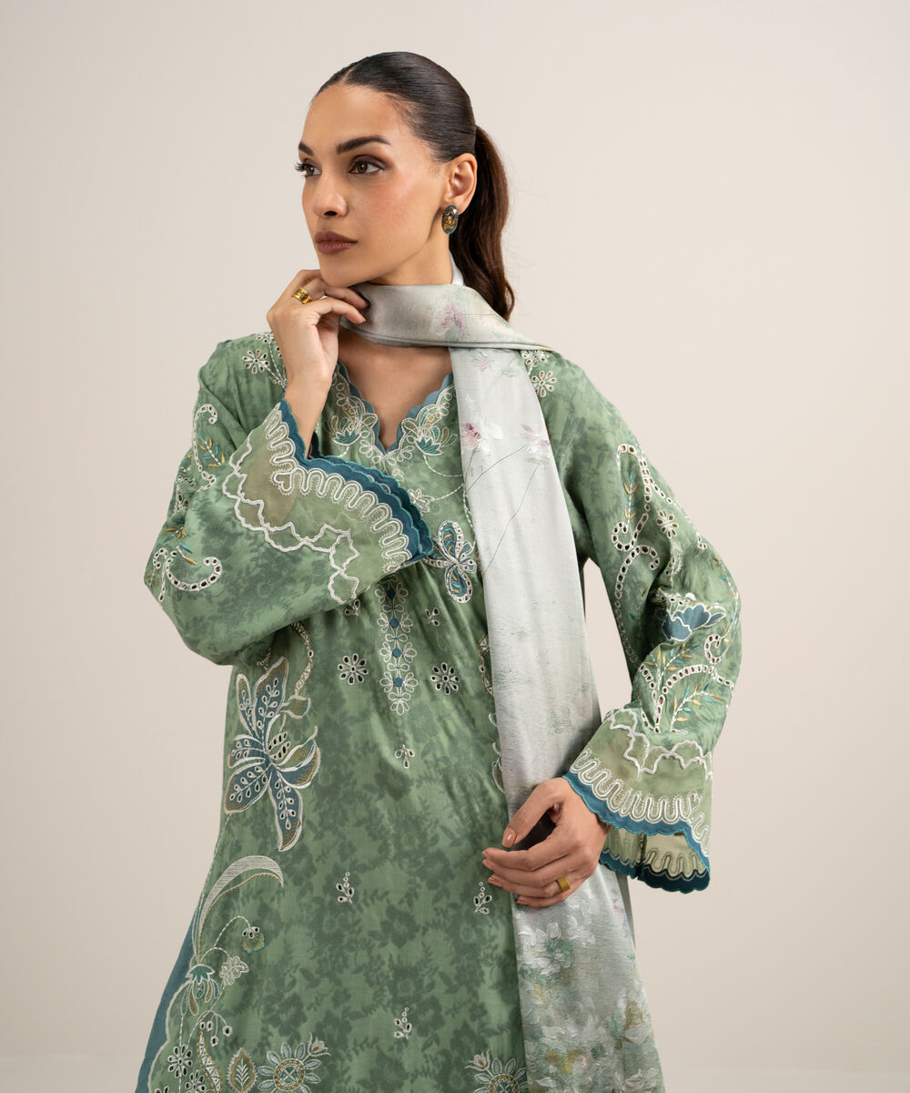 Women's Unstitched Self Jacquard Embroidered Green 3 Piece Suit