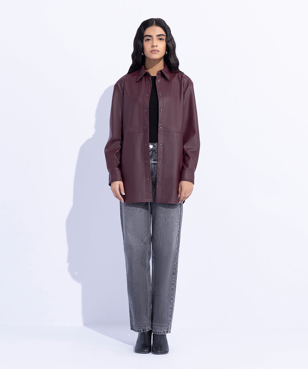 Woman - Red Loose Fit Faux Leather Overshirt