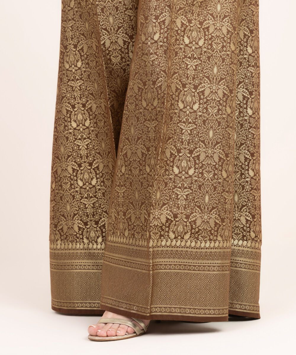 Women's RTW Extra Weft Jacquard Solid Brown Sharara