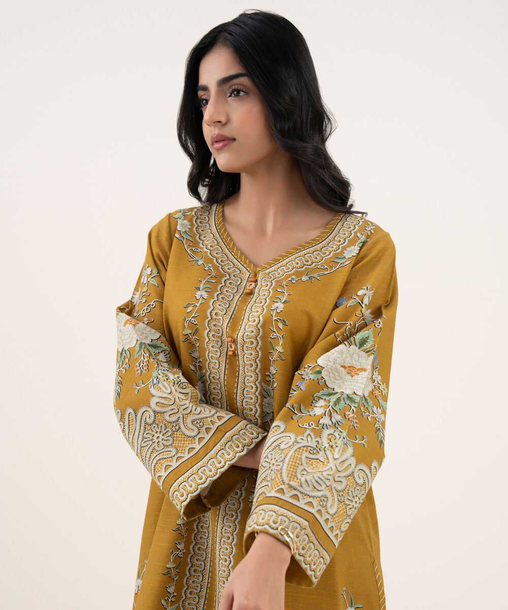 Women's RTW Khaddar Printed A-Line Mustard Shirt
