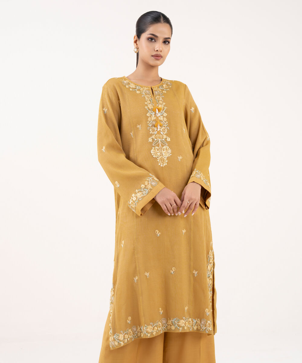 Women's RTW Khaddi Net Mustard Embroidered 2 Piece Suit