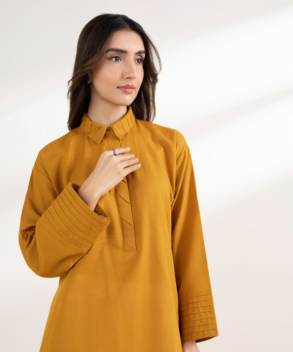 Women's RTW Khaddar Solid Straight Mustard Shirt