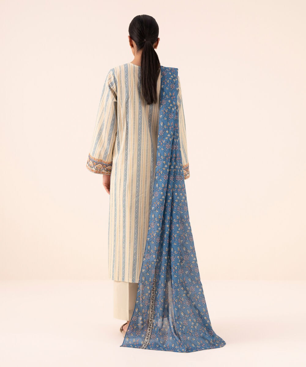 Women's Unstitched Cotton Printed Off White Three Piece Suit