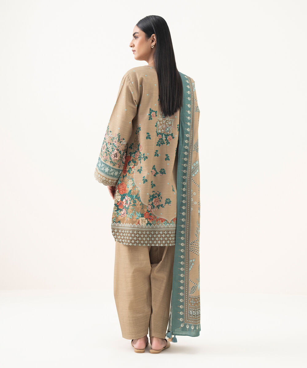 Women's Unstitched Light Khaddar Embroidered Beige 3 Piece Suit