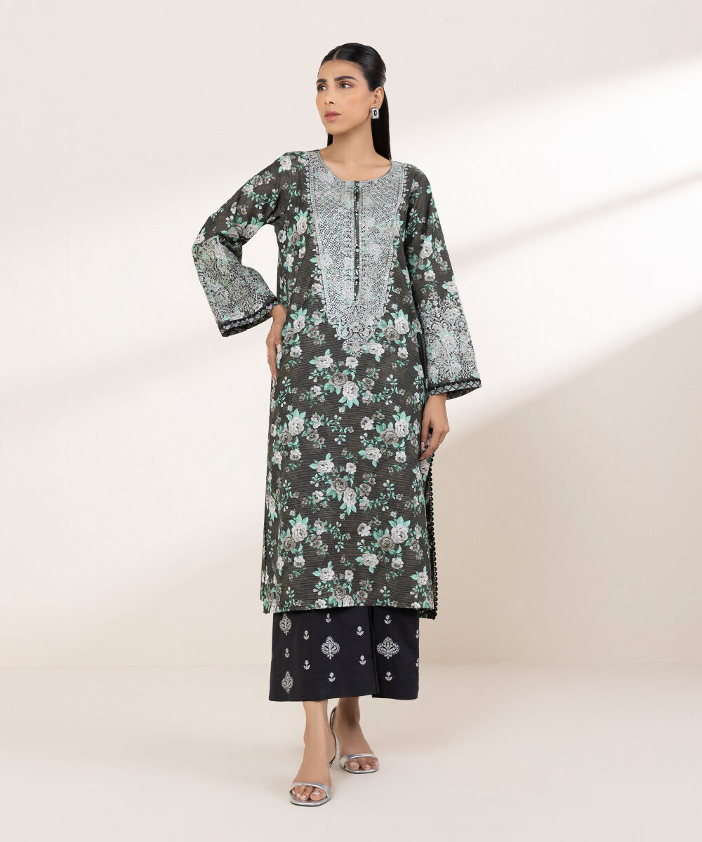 Women's RTW Zari Lawn Black Embroidered A-Line Shirt