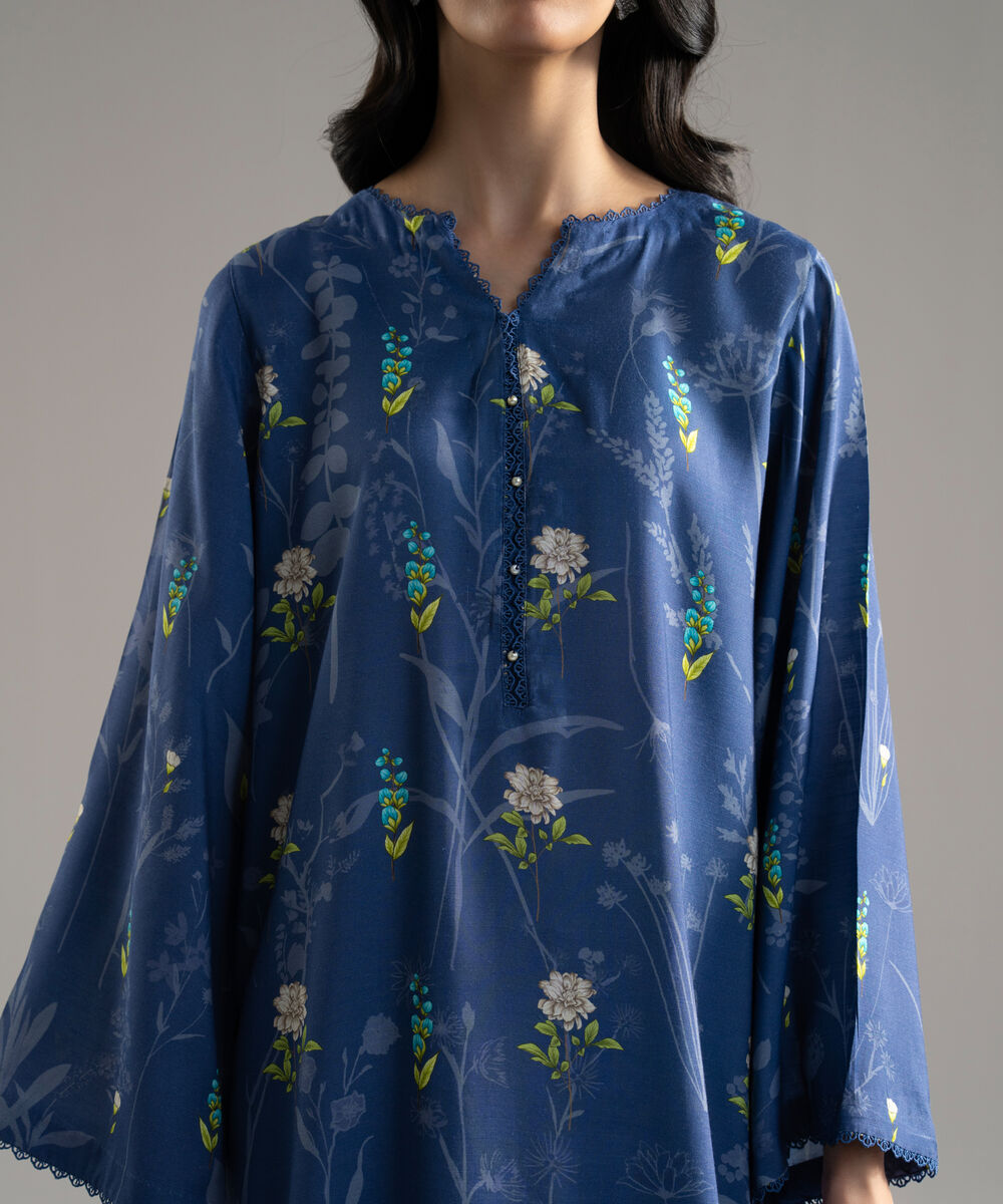 Women's RTW Viscose Raw Silk Printed Blue 3 Piece Suit