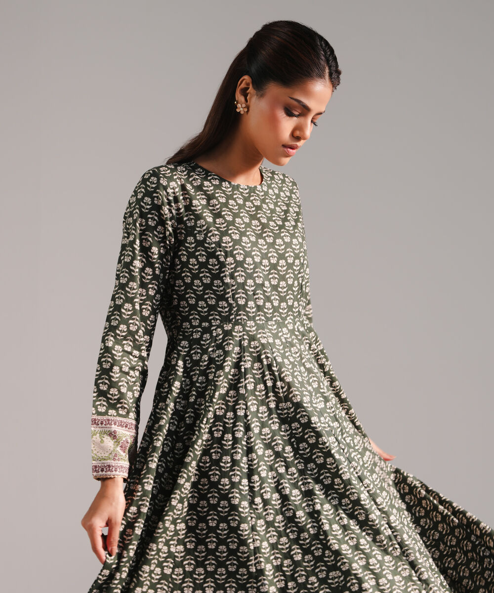 Women's RTW Textured Lawn Printed Dark Green 2 Piece Suit