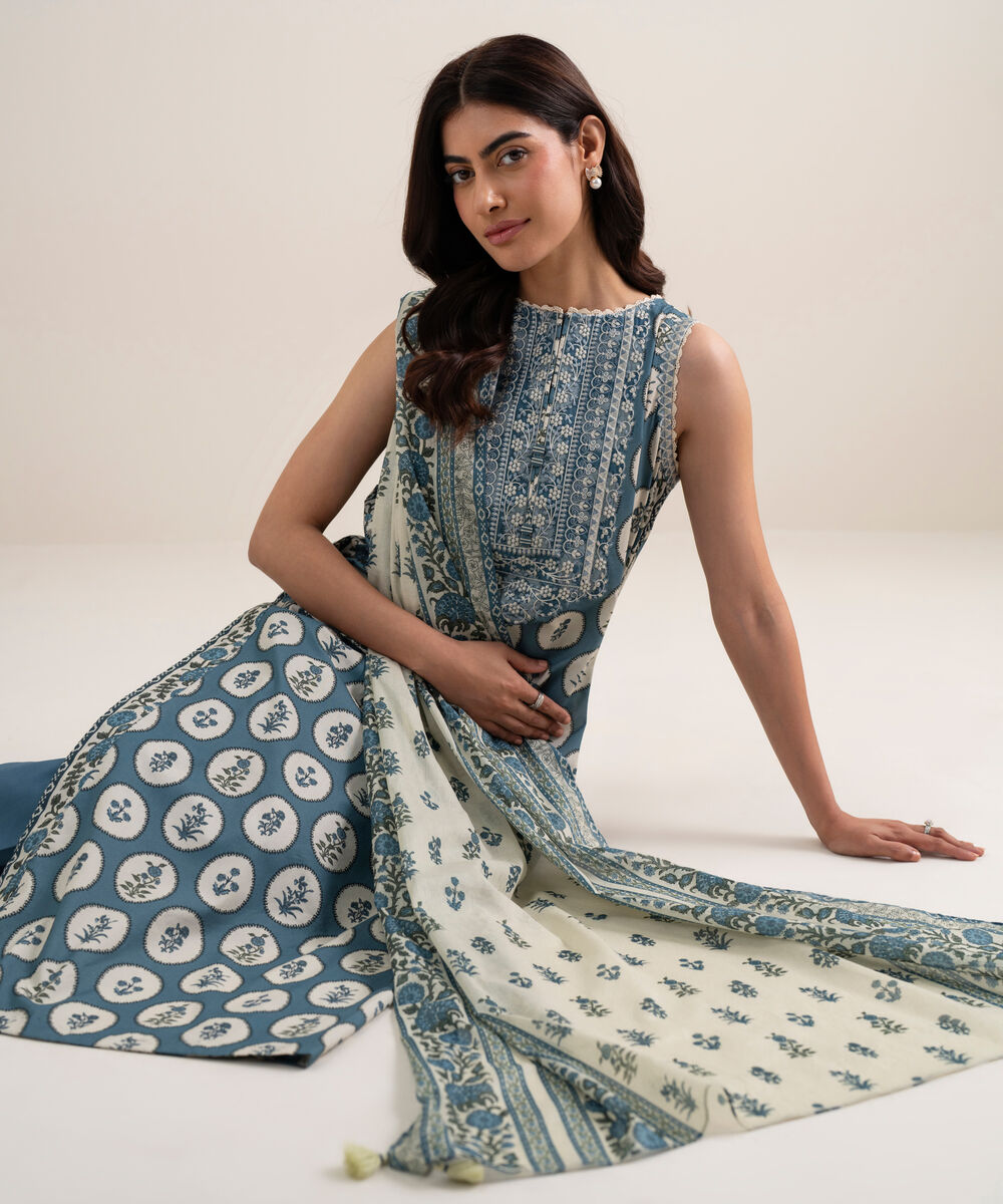Women's Unstitched Lawn Embroidered Off White and Blue 3 Piece Suit