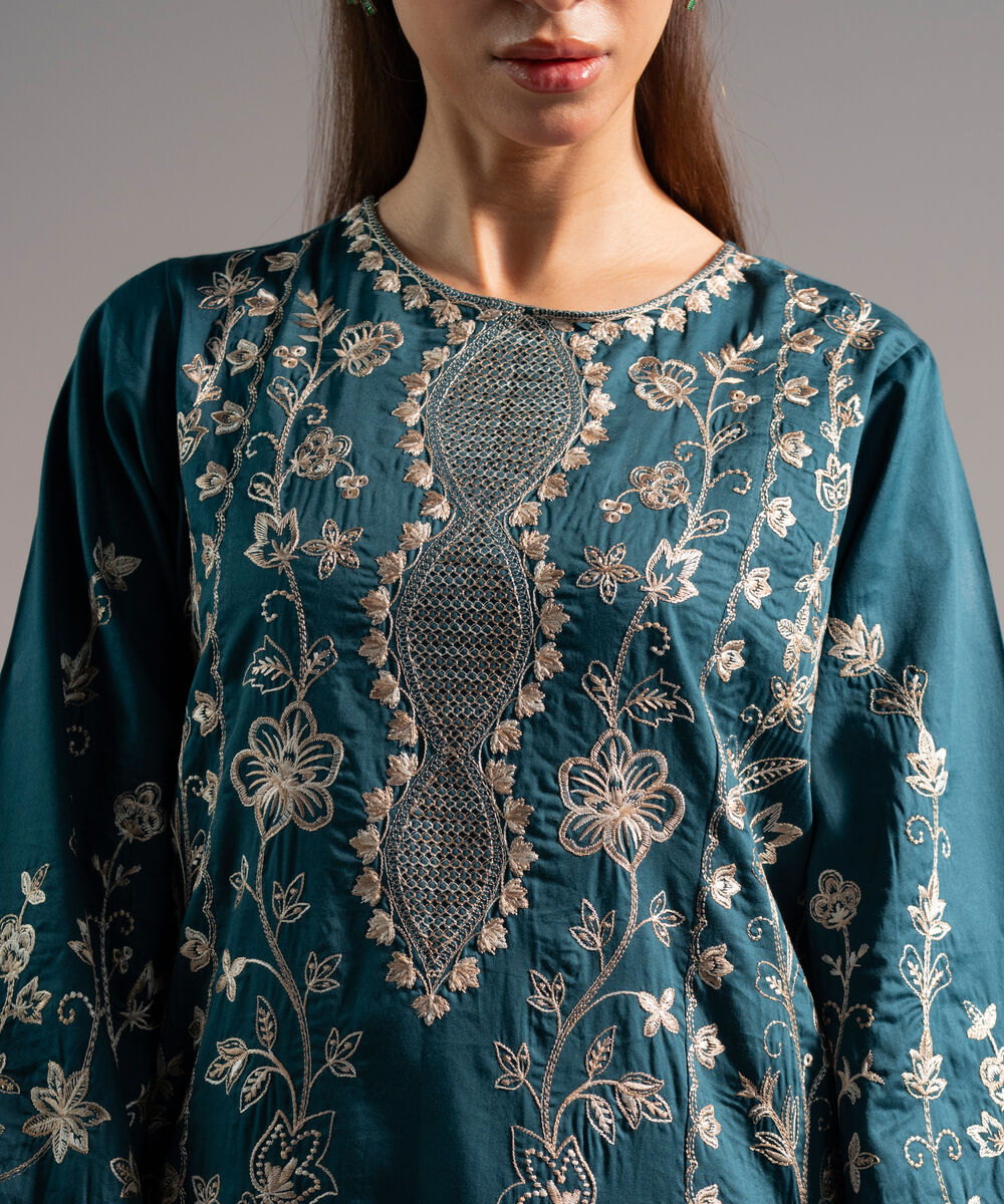 Women's RTW Cotton Satin Embroidered Dark Green 3 Piece Suit