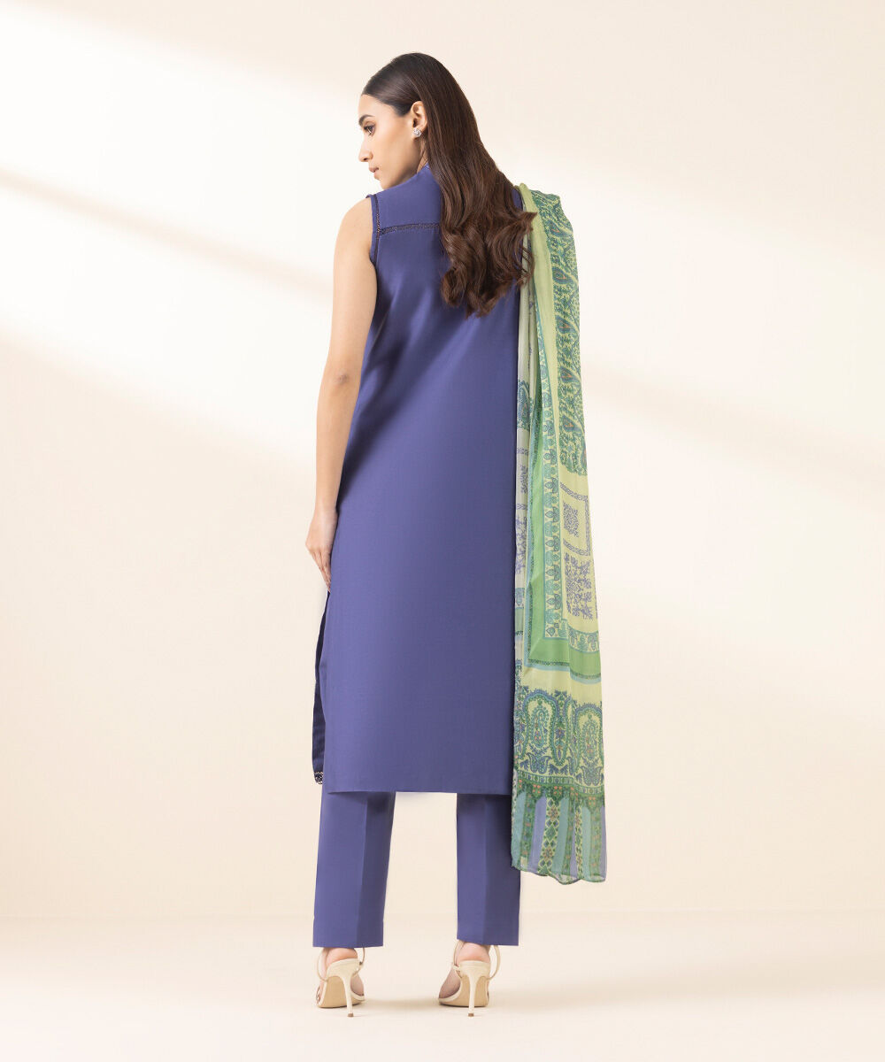 Unstitched Women's Embroidered Fine Cotton Satin Blue Three Piece Suit