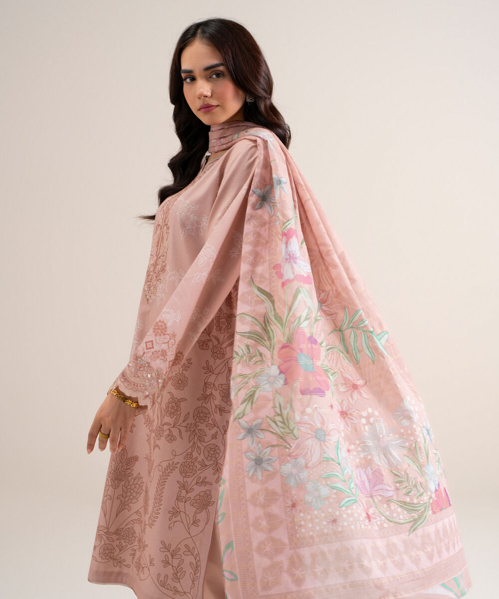 Women's Unstitched Embroidered Cotton Tea Pink 3 Piece Suit