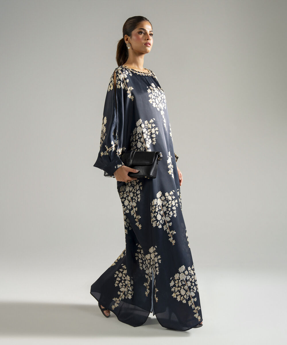 Women's RTW Blended Satin Printed Dark Blue Kaftan