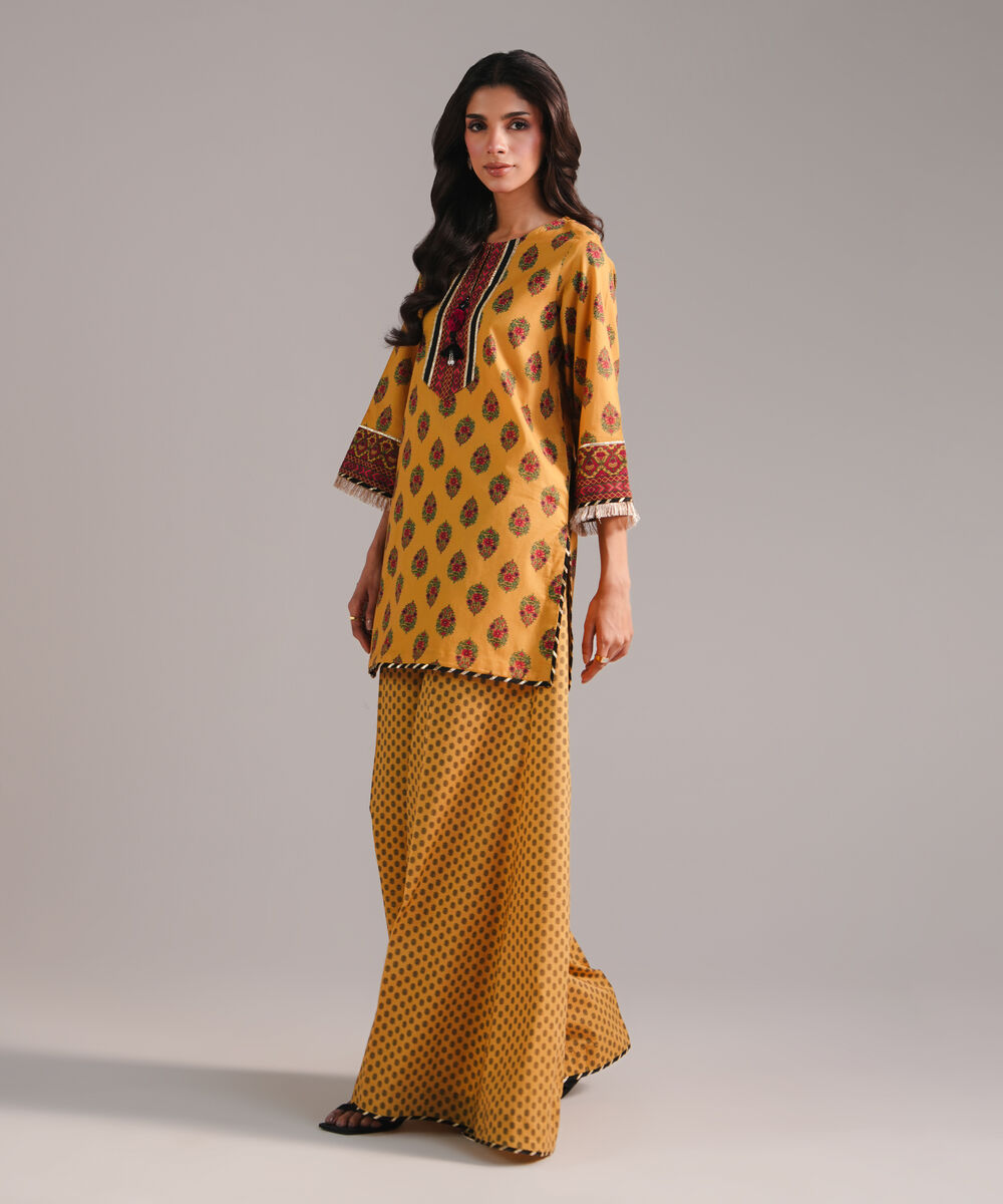 Women's RTW Textured Cotton Printed Mustard 2 Piece Suit