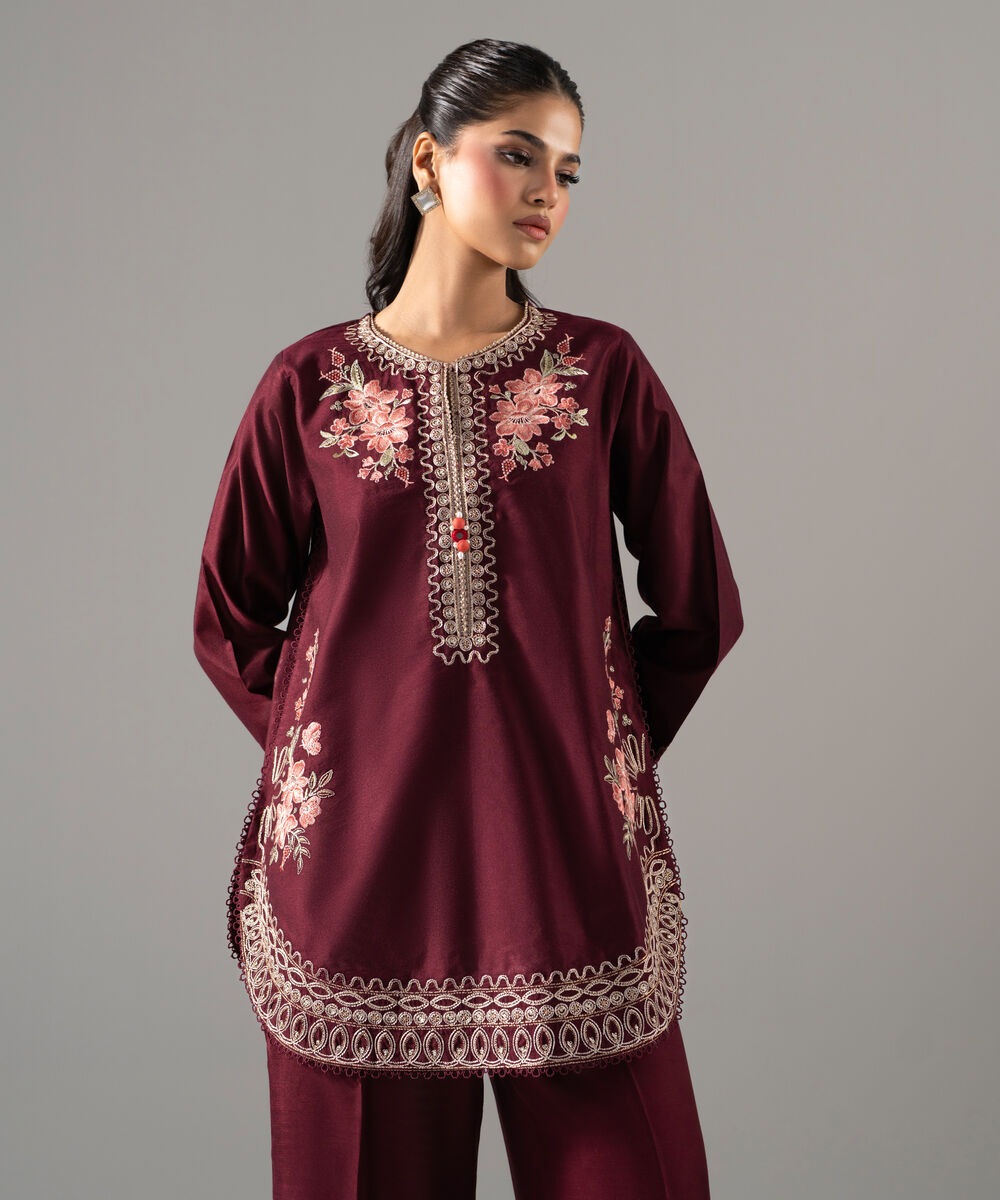 Women's RTW Cotton Net Solid Embroidered Maroon 2 Piece Suit