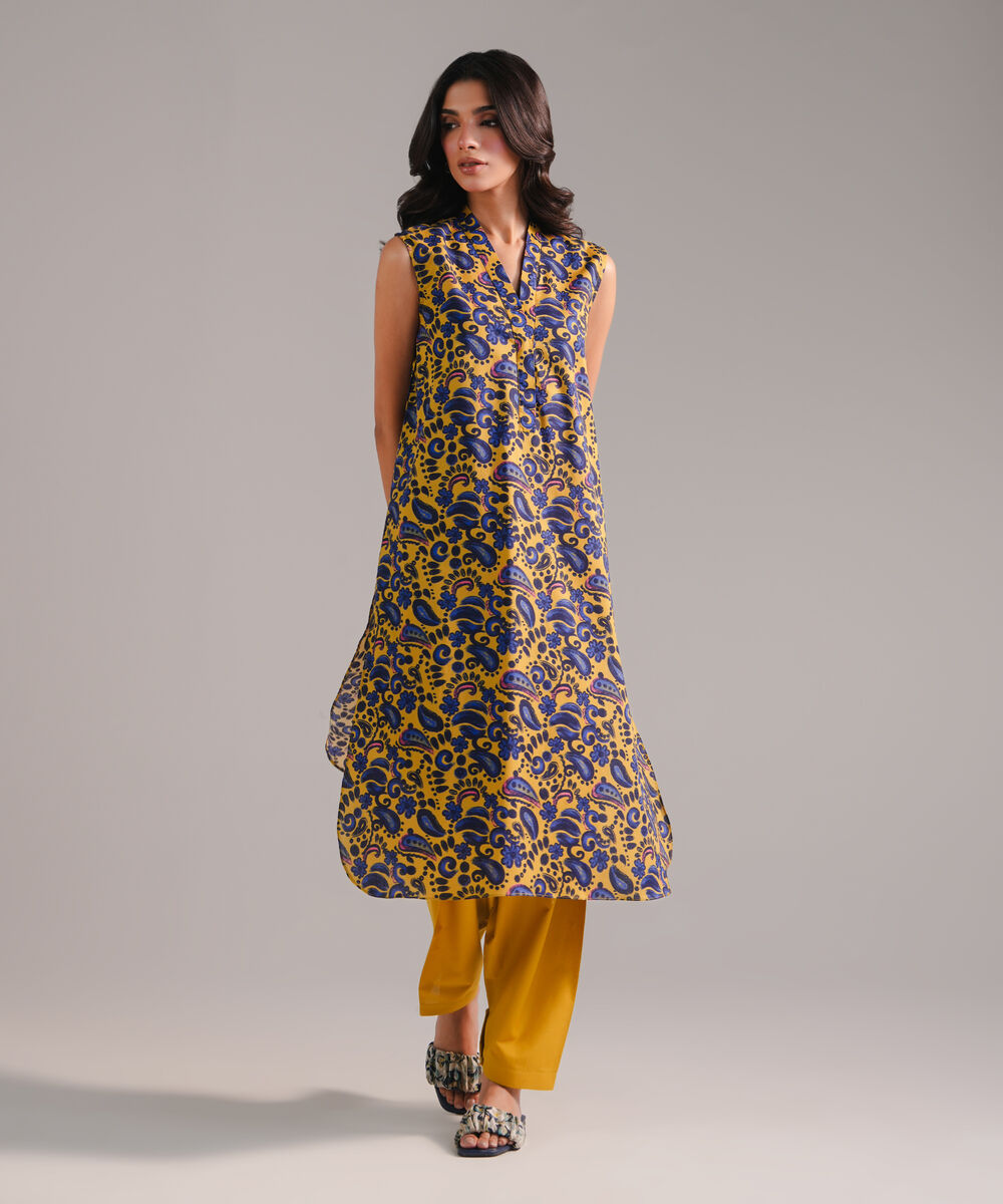 Women's RTW Cambric Printed Mustard 2 Piece Suit