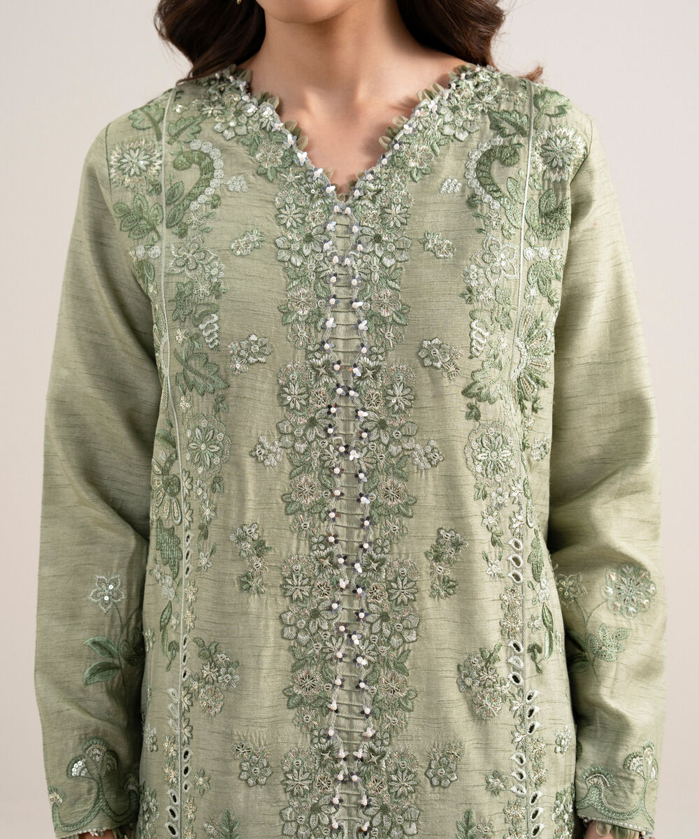 Women's Unstitched Embroidered Viscose Raw Silk Green 3 Piece Suit